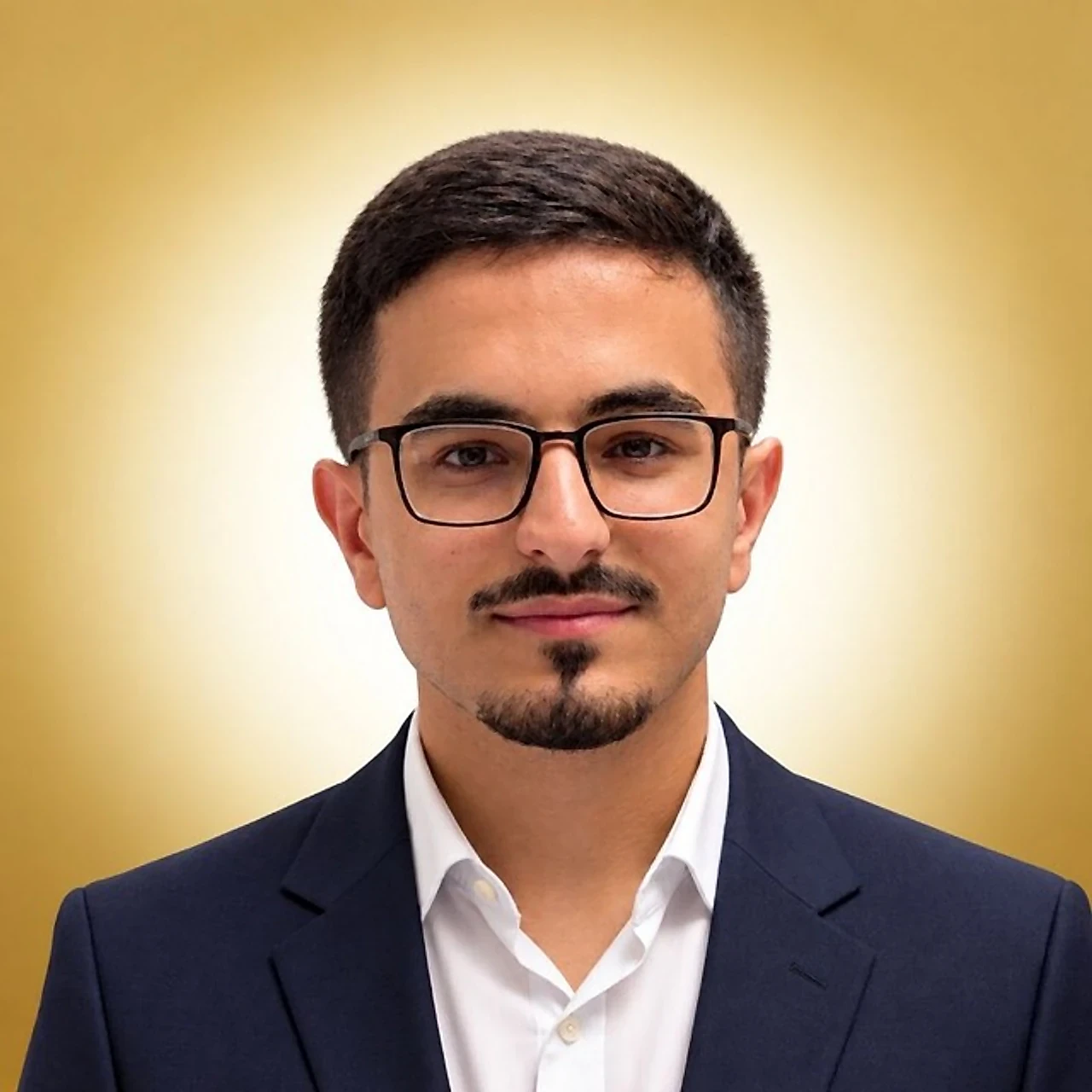 Portrait of Tareq Al-Mozayek in a navy suit and glasses, on a gold background